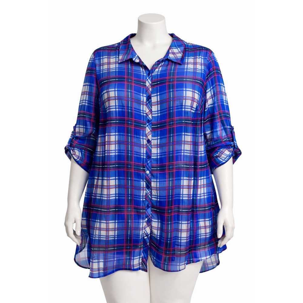 Catherines Plaid Tunic Top Blue‎ Pink Roll Tab Sleeve 1X Flowy Oversized
